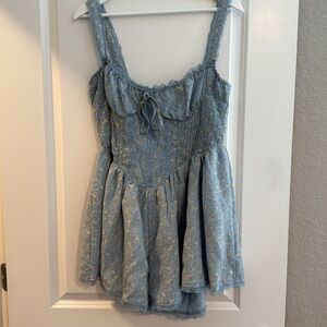 Blue Ditsy Print Woven Corset Lace Trim Romper